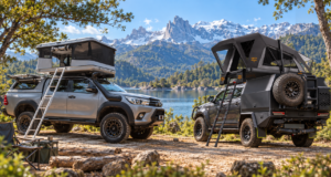 dos tiendas de techo junto al lago