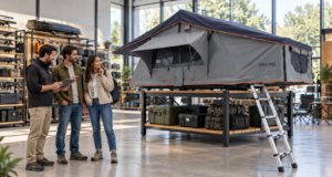 pareja compara una tienda de techo